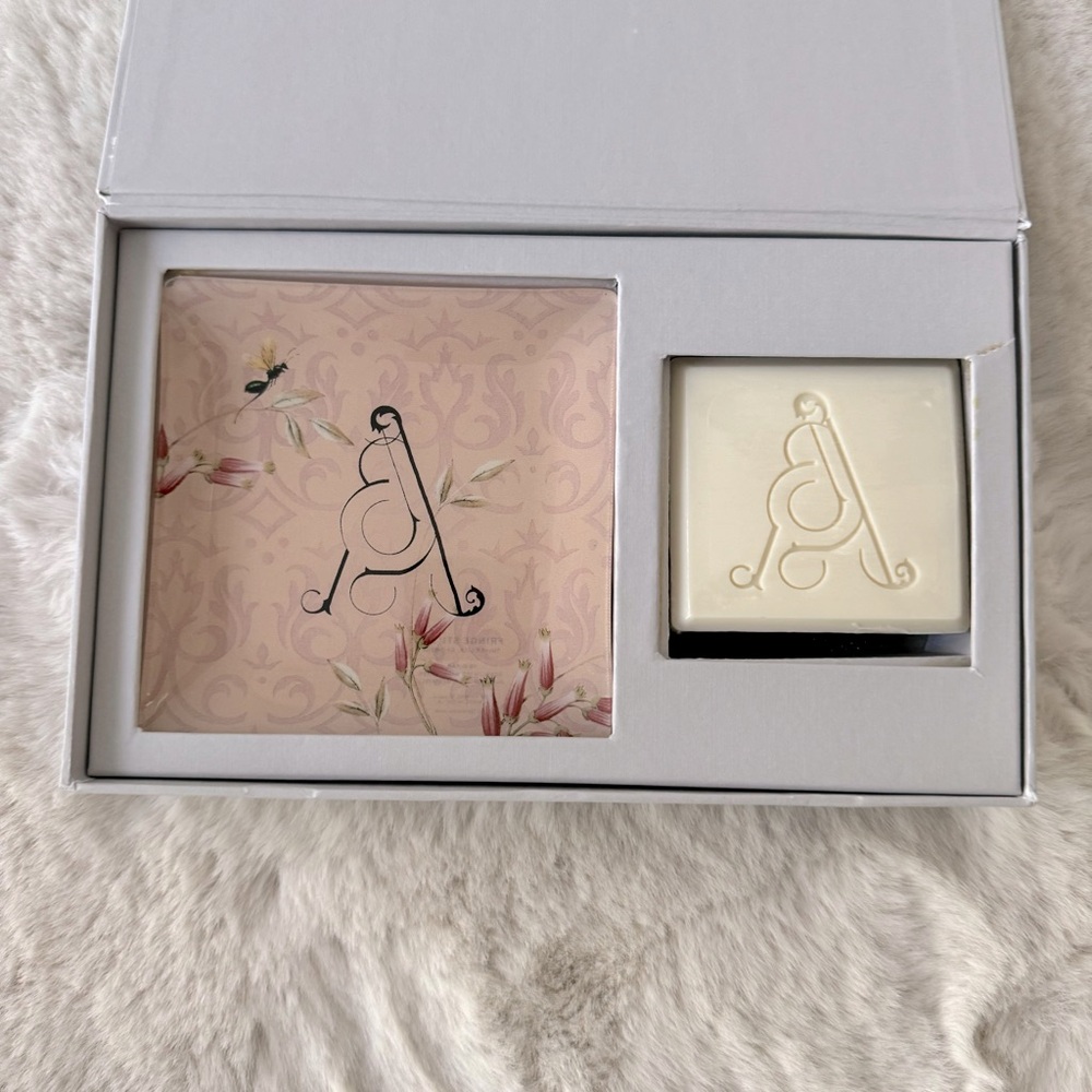 NEW Fringe Soap Set Monogram Initial A Glass Tray